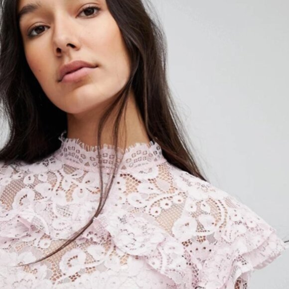 Asos Lace Mock Neck Long Sleeves Cotagecore Lace & Ruffle Crop Top Pink SZ 12 - Picture 12 of 12